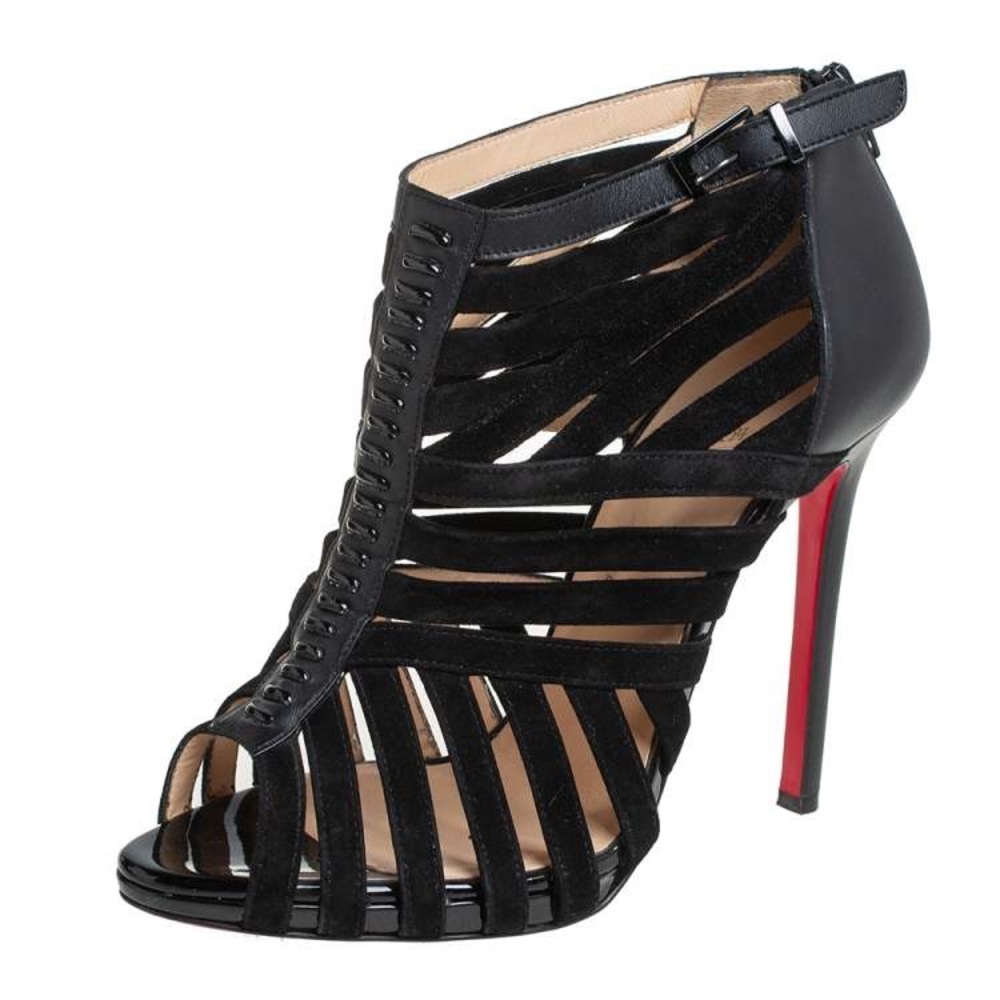 Christian Louboutin Black Leather And Suede Caged Karina Ankle Booties